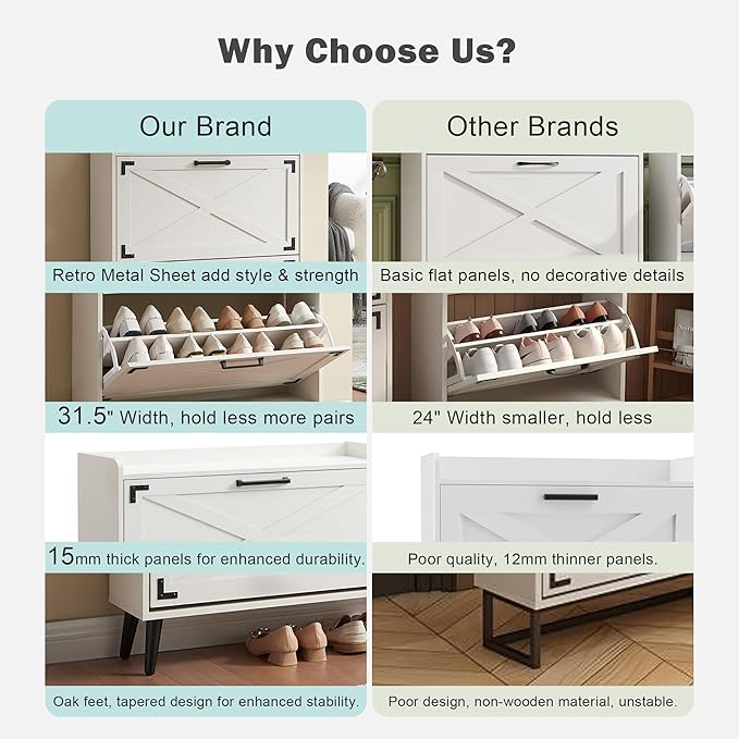 Shoe Storage Cabinet,Farmhouse Shoe Organizer with 2 Flip Drawers & Barn Door Design,Freestanding Hidden Slim Narrow Shoe Rack Cabinet for Entryway,Foyer,Hallway,Dark Oak