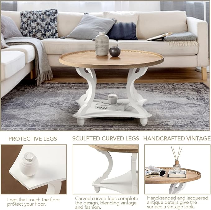 Wnutrees Farmhouse Round Coffee Table, Wood Tray Top Circle Coffee Table with Storage Shelf Rustic Style for Living Room and Vintage Finish, White