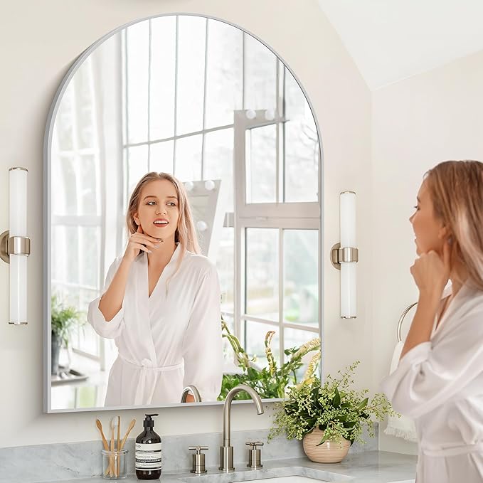 Arched Bathroom Mirror, 36x48IN Silver Bathroom Mirror with Metal Frame, Wide Wall Mounted Mirrors Decor Modern Dresser Mirror for Bedroom Living Room Entryway