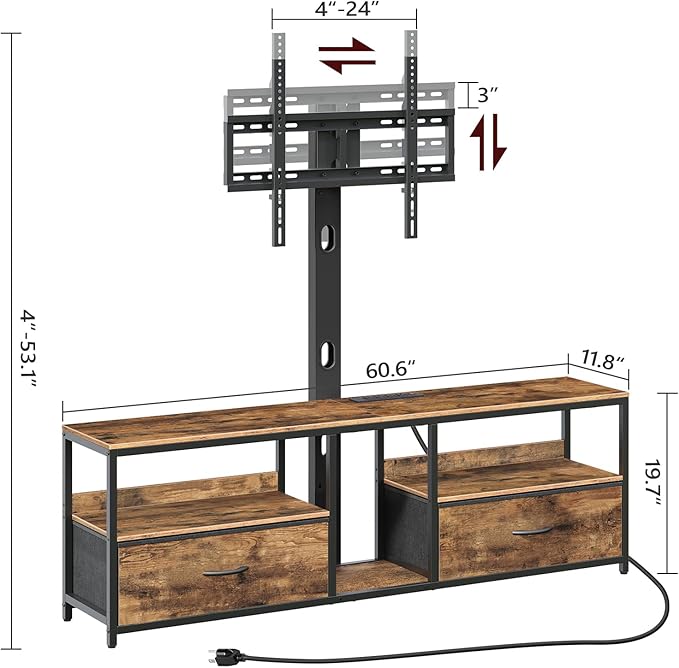TV Stand with Mount for up to 75", Entertainment Center with Switch-Controlled Charging Station, Swivel TV Stand Mount with Fabric Drawers, for Living Room, Rustic Brown TVHR154E01N1