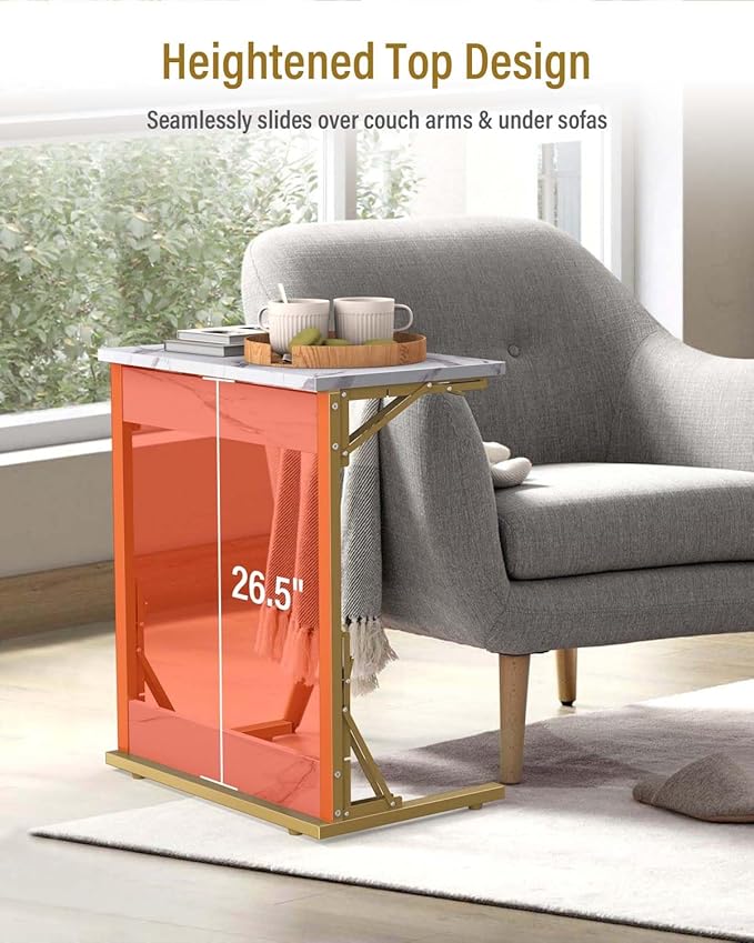 Tatub 24" Folding TV Tray Table, Marble C Shaped End Table for Couch, Small Sofa-Side Laptop Desk with Gold Metal Frame for Living Room, Bedroom, Bedside
