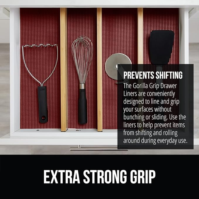 GORILLA GRIP powerGRIP Drawer Shelf and Cabinet Liner, Thick Strong Hold, Non-Adhesive Liners Protect Kitchen Cabinets and Cupboard, Bathroom Drawers, Easy Install, Breathable Mat, 17.5" x30', Red