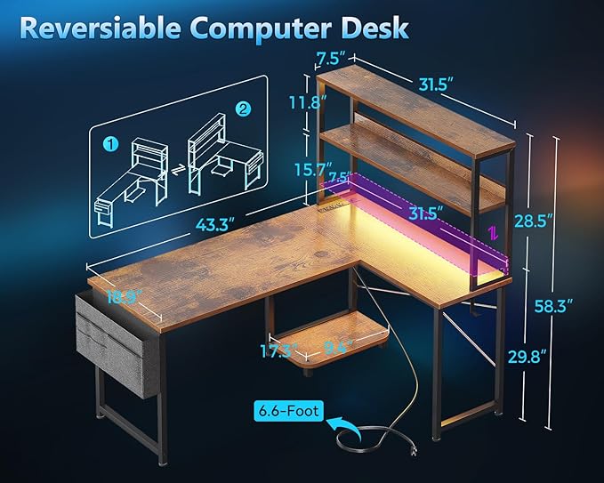 Casaottima Gaming Desk with Power Outlets & LED Lights, 43 Inch Reversible L Shaped Computer Desk with Shelves & Storage Bag, Corner Desk for Home Office, Vintage