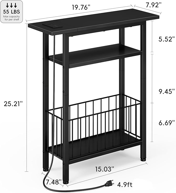 Vagusicc Narrow Side Table with Charging Station, 3-Tier Skinny Side End Table for Couch, Small End Tables for Small Spaces, 25.2" Tall Slim Nightstand Bedside Table for Living Room, Bedroom, Black