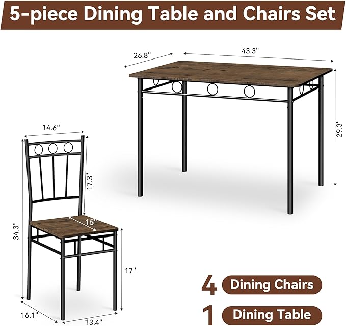 Vipbear Kitchen Dining Table Set for 4, 5-Piece Kitchen Table Set,Dining Room Table Sets,Rectangular Kitchen Table Set with 4 Chairs for Small Space, Dinette,Apartment, Rustic Brown
