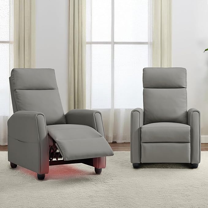 Recliner Chair for Adults PU Leather Push Back Armchair with 4 Colors Ambient Lighting Home Theater Seating with Massage & Heat Vibration Single Sofa for Living Room,Gray