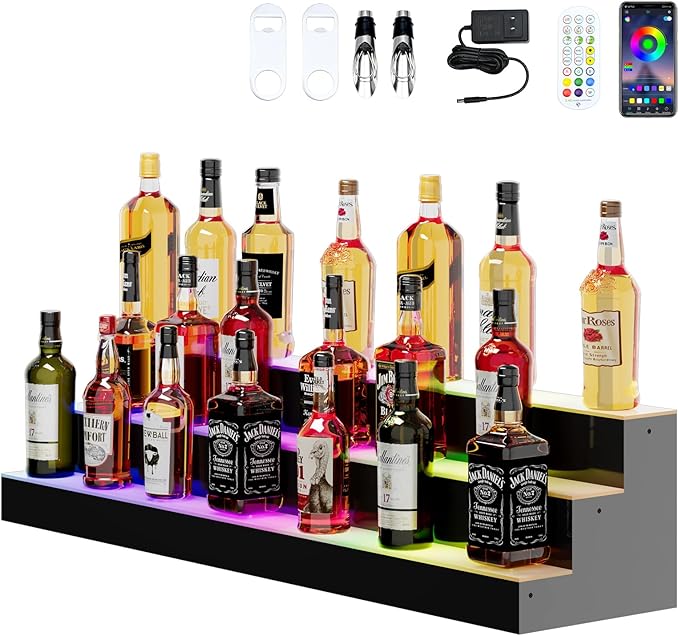Dethan 3 Tier 48 Inch Liquor Bottle Display Shelf - Wine Racks with Multi-Color App & Remote Control, Adjustable Brightness & Sound Modes, Acrylic Bar Shelves for Commercial Clubs
