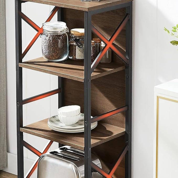 Small Bookshelf,5 Tier Industrial Bookshelf with Metal Frame and Backboard,Narrow Rustic Brown Book Shelf,Book case for Small Spaces,Living Room,Bedroom and Home Office