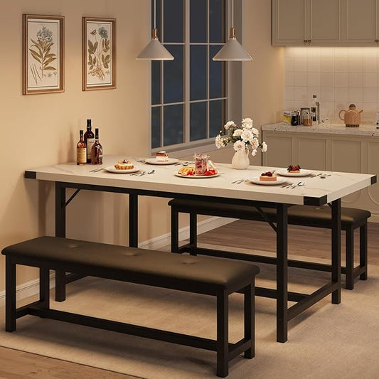 GarveeHome Extendable Dining Table Set for 4-6, Rectangle Large Extendable Kitchen Table with 2 Upholstered Benches & Metal Corner Protect for Dining, Apartment, Space Saving, Marble White