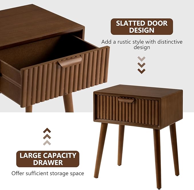 COSIEST Modern End Table w Striped Pattern, Mid-Century Nightstand w Storage Drawer, Small Wood Accent End Table for Bedroom, Living Room