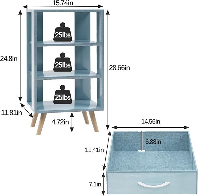 Night Stand, Blue Kids Nightstand with Drawer, Nursery Side Table with Open Storage, 3-Tier Modern End Table, Bedside Table for Small Space, Living Room, Bedroom