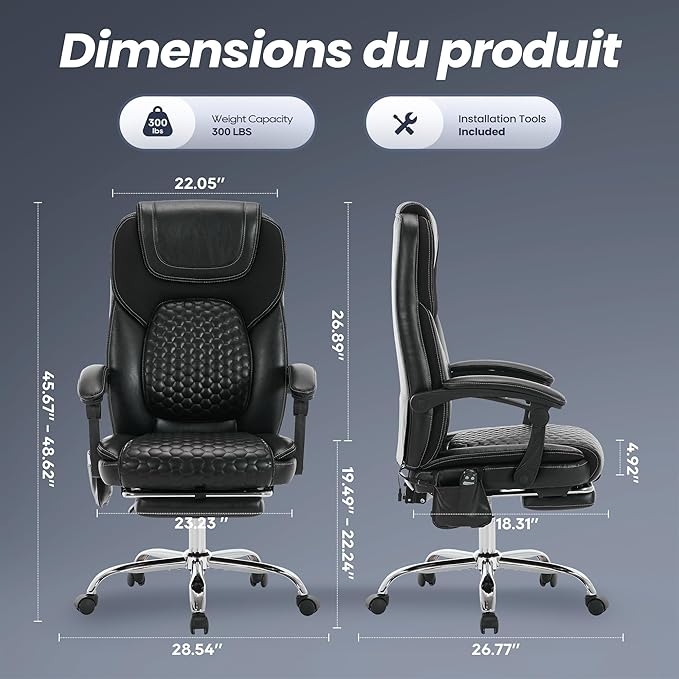 2-Pack Massage Office Chair with Heat and Footrest, Ergonomic Reclining Leather Executive Computer Desk Chair with Wheels, Big and Tall Adjustable Chair for Home Office and Gaming, 300 lbs Support