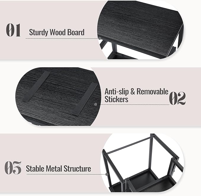 Vrisa Step Stool for Adults Wooden 2 Steps Footstool Heavy Duty RV Bedside Stepping Stool for High Beds with Metal Frame Hold Up 500LB Foot Stool for Kitchen Bathroom Bedroom, Black