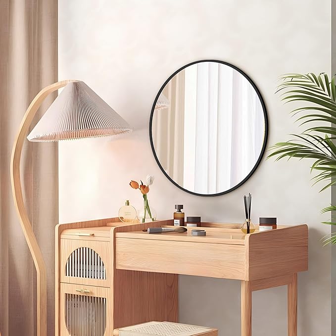 Round Mirror Black Frame 28 Inch Mirror Living Room Round Bathroom Mirrors Frosted Metal Frame Anti-Rust Tempered Glass for Bathroom Living Room Decorative
