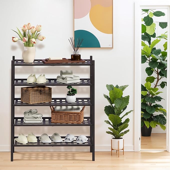 Haddockway 5 Tier Bamboo Shoe Rack Storage Organizer, Multifunctional Free Standing Stackable Shoe Shelf with Grid Panel for Closet,Hallway,Entryway,Small Space 27"x11"x32" (Brown, 5 Tier)