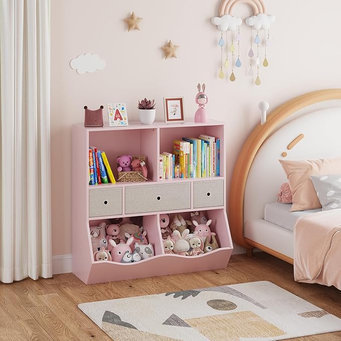 IDEALHOUSE 7-Cubby Large Kids Toy Storage Organizer, Children Wood Bookcase and Bookshelf, 3-Tier Toy Storage Cabinet with 3 Drawers for Hallway, Playroom, Living Room, School,Pink