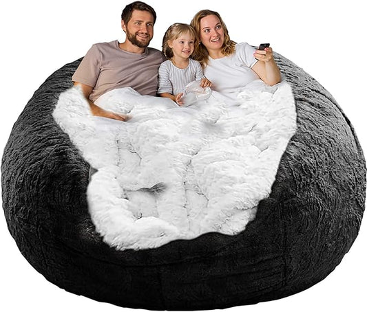 (No Filler) Bean Bag Chair Cover Without Filler,Big Round Soft Fluffy PV Velvet Washable Bean Bag Lazy Sofa Bed Cover for Adults,Living Room Bedroom Furniture Outside,6ft Black
