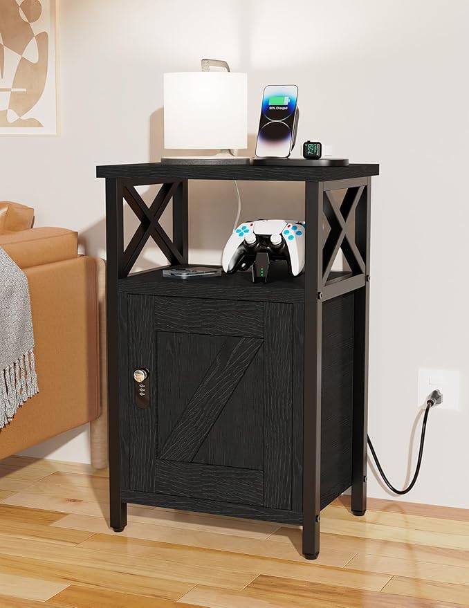 Wooden Nightstand with Charging Station, Bed Side Table with Drawers, Bedside Table with Lock, 3 USB & 2 Outlets, Night Stand with Storage, End Tables for Living Room, Bedroom, Dorm, Black