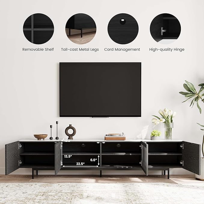 POVISON Mid Century Modern Sintered Stone TV Stand, Slatted Media Console TV Cabinet with Tall-cast Metal Legs, Fluted Entertainment Center with Storage, Fully-Assembled (Black, 94.49")