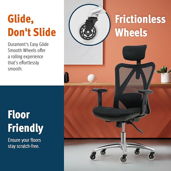 Duramont Ergonomic Office Chair - Adjustable Desk Chair with Lumbar Support and Rollerblade Wheels - High Back Chairs with Breathable Mesh - Thick Seat Cushion, Head, and Arm Rests - Reclines