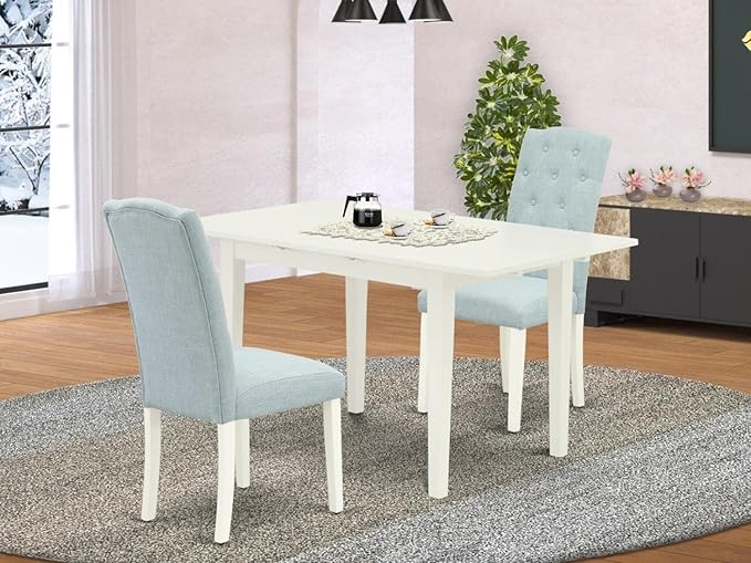East West Furniture NOCE3-LWH-15 3 Piece Dining Table Set Contains a Rectangle Dining Room Table with Butterfly Leaf and 2 Baby Blue Linen Fabric Parsons Chairs, 32x54 Inch, Linen White