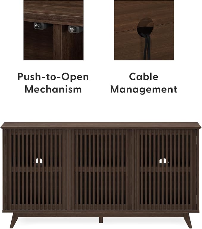 Plank+Beam Mid-Century Modern Wood TV Stand, Three Door Solid Wood Entertainment Console with Storage, 59" L x 16" W x 30" H, Walnut