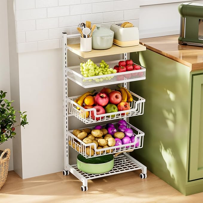 HapiRm Fruit Basket Kitchen Cart - 5 Tier Adjustable Vegetable Storage Rack, Large Capacity Rolling Kitchen Carts on Wheels for Snack Onion and Potato Storage
