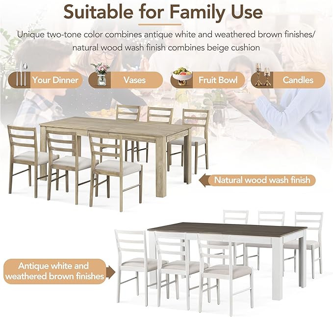 Ball & Cast 7 Piece Dining Table Set with 6 Upholstered Chairs,Living Room Desk W/ 71.5" Rectangle Extendable Leaf and 2 Drawers,for Restaurant,Home Bistro,Natural Wood Wash