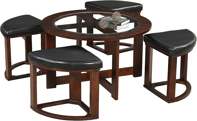 Roundhill Furniture Cylina Solid Wood Glass Top Round Coffee Table with 4 Stools, Espresso