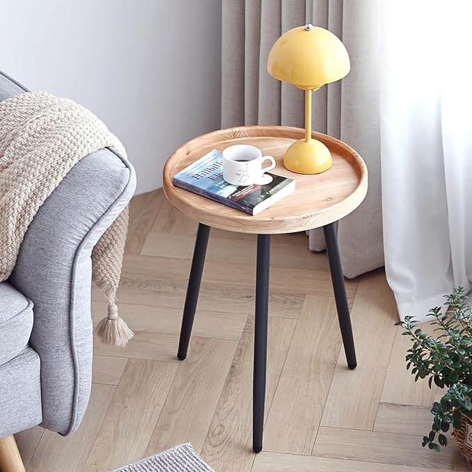LITA Log Desktop Round Side End Table, Indoor Outdoor Wooden Tray Nightstand Table with Metal Stand for Living Room Bedroom Office Small Spaces (M)