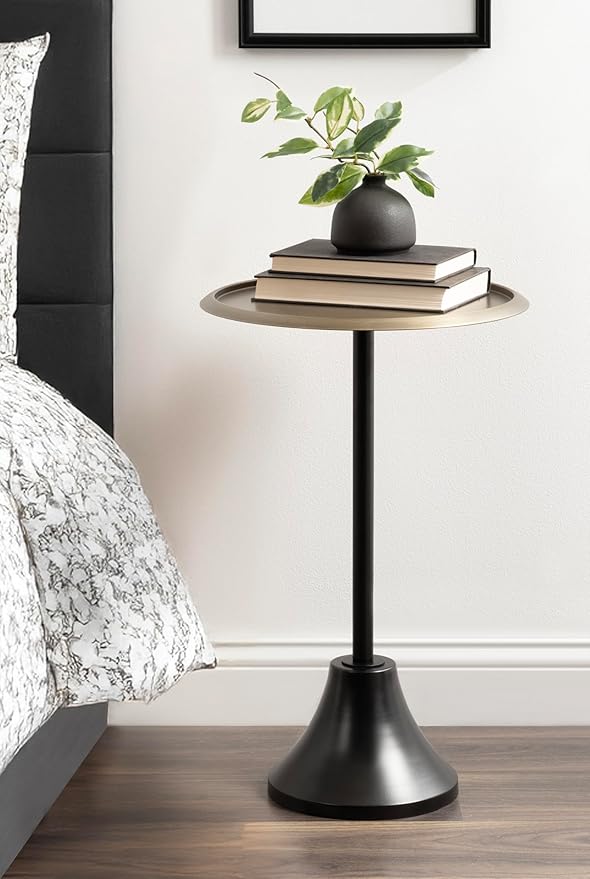Kate and Laurel Sanzo Modern Pedestal Round Side Table; 15 x 15 x 24; Antique Brass and Black; Circle End Table with Metal Tabletop for Use as Indoor Plant Stand or Bedroom Nightstand