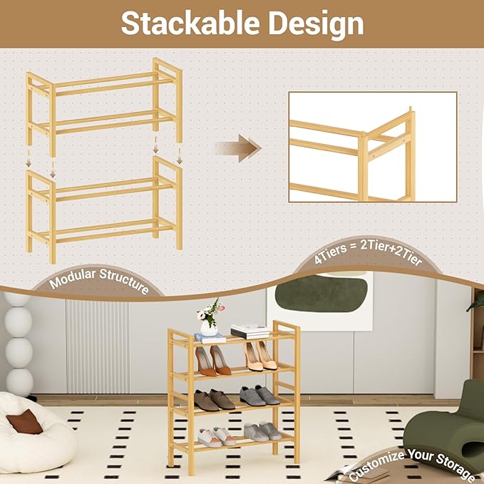 Haddockway Bamboo Shoe Rack for Closet, Free Standing Shoe Organizer with Smooth Round Rods & Convenient Handles, Stackable Shoe Storage Shelf for Entryway, Hallway(Natural, 4-Tier)