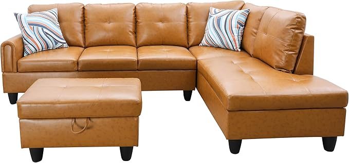 NicBex Sectional Couch 3 Pieces Sofa Set with Left Chaise Faux Leather L Shaped Cloud Couch for Living Room Furniture Sets with Storage Ottoman, Modular Sofa for Living Room & Apartment, Ginger Yellow