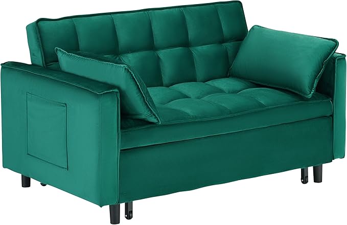 Ball & Cast 55" Convertible Sofa Bed,3 in 1 Sleeper Sofa W/Pull-Out Bed,Convertible Pull Out Couch W/2 Pillows,Adjustable Backrest & Side Pocket,Velvet Futon Couches for Living Room,Apartment,Green