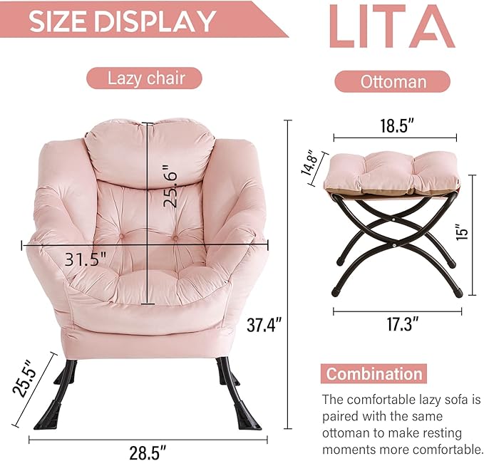 LITA Lazy Chair With Ottoman, Modern Accent Leisure Upholstered Sofa, Contemporary Lounge Reading With Armrests and Side Pocket for Living Room, Bedroom & Small Space, Pink