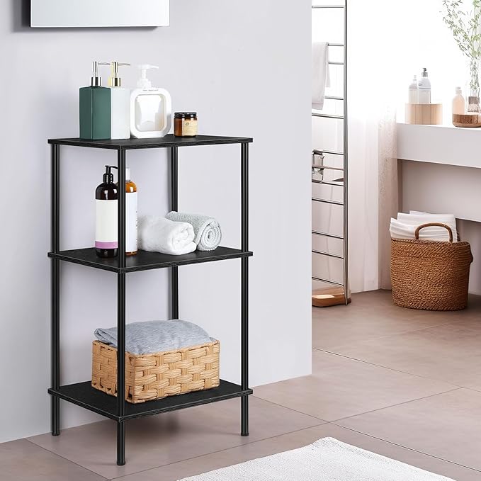 Tall Side Table with Storage 3 Tier Black End Table Metal Storage Shelves for Living Room Bedroom Bathroom Small Slim Table for Office