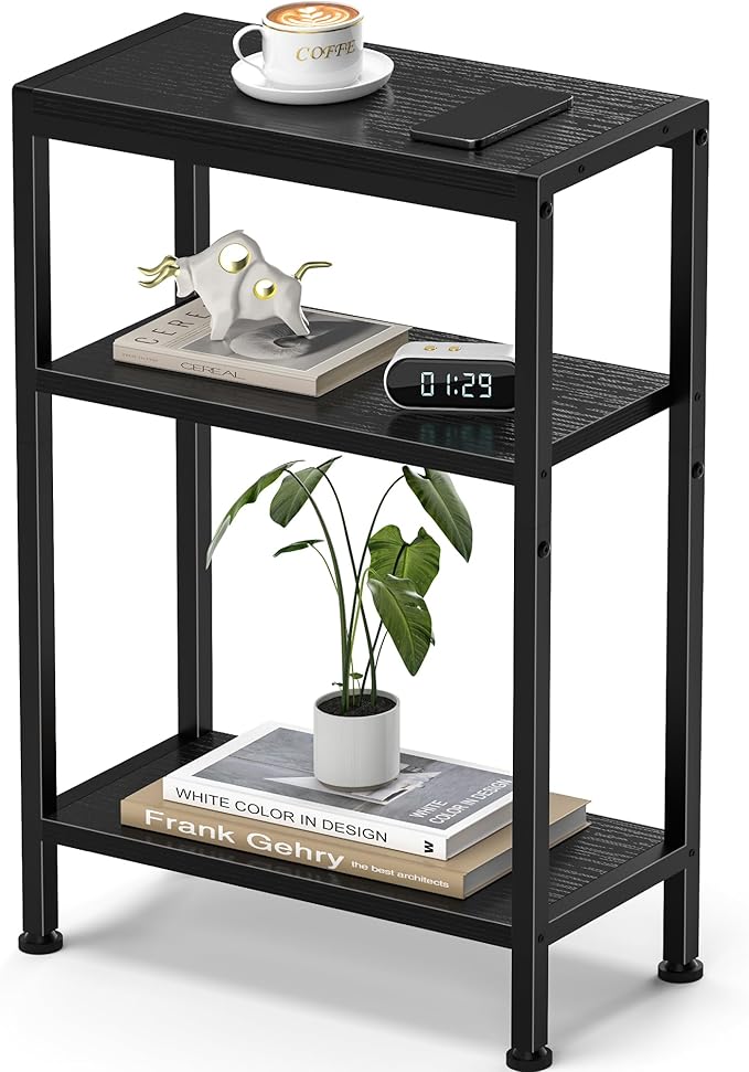 Narrow Side Table for Small Space, 3-Tier Small End Table with Shelf Holder, Slim Nightstand, Skinny Snack Couch Table in Living Room, Bedroom, Study, Kitchen and Balcony（Black