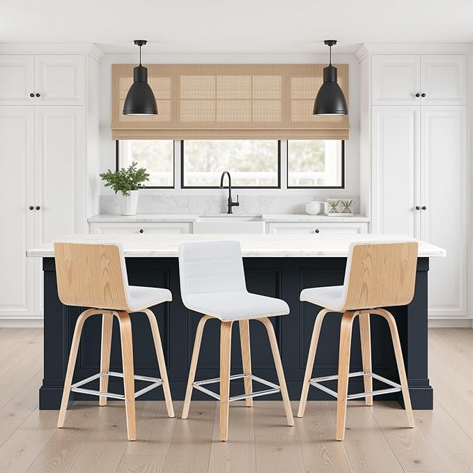 Vienna Modern Counter Height Swivel Bar Stool with White Faux Leather Seat and Patterned Oak Wood Frame Set of 4