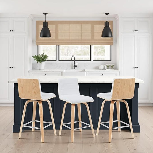 Armen Living Vienna Modern Swivel 26" Counter Height Barstool with White Faux Leather and Patterned Oak Wood Finish