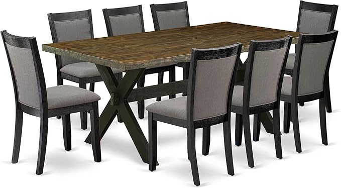 East West Furniture X677MZ650-9 9 Piece Dining Set Includes a Rectangle Dining Room Table with X-Legs and 8 Dark Gotham Grey Linen Fabric Upholstered Chairs, 40x72 Inch, Multi-Color