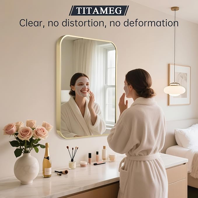 24x32 Inch Bathroom Mirror for Wall, Gold Framed Rectangle with Rounded Corner, Aluminum Alloy Brushed for Bedroom or Living Room, Vertical or Horizontal