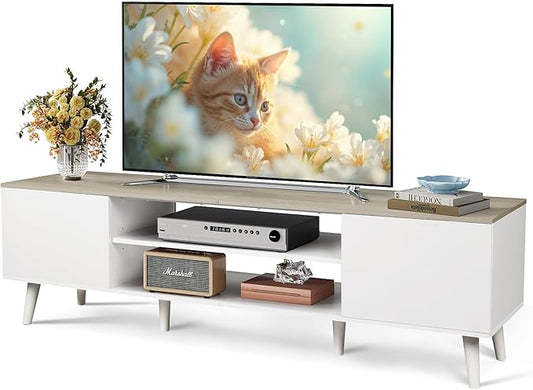 WLIVE TV Stand for 65 70 inch TV, Boho Entertainment Center with Storage Cabinets, TV Console for Living Room Decor, Greige White