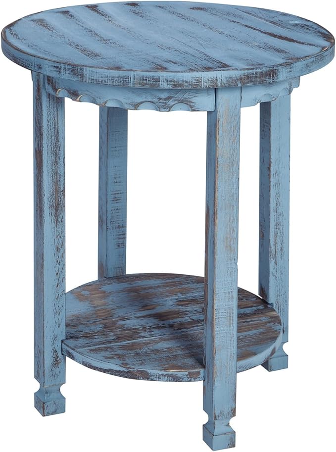 Rustic Cottage Round End Table w/ 1 Shelf - 25 in. W x 20 in. D x 24 in. H - Distressed Blue - Assembly Required - Select Hardwoods with Wood - Living Room Furniture - Solid Wood