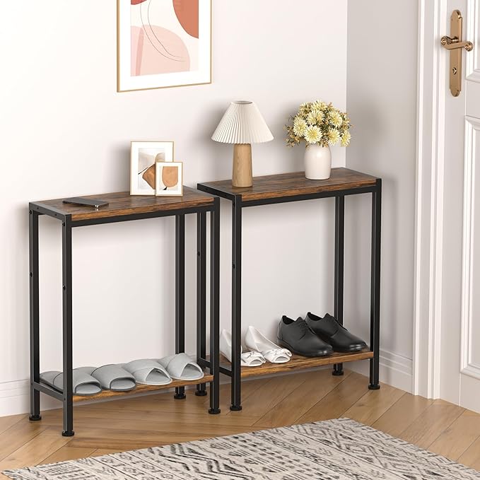 Narrow Side Table for Small Space Set of 2, 2-Tier Small End Table with Shelf Holder, Slim Nightstand, Skinny Snack Couch Table in Living Room, Bedroom, Study, Kitchen and Balcony（Rustic Brown