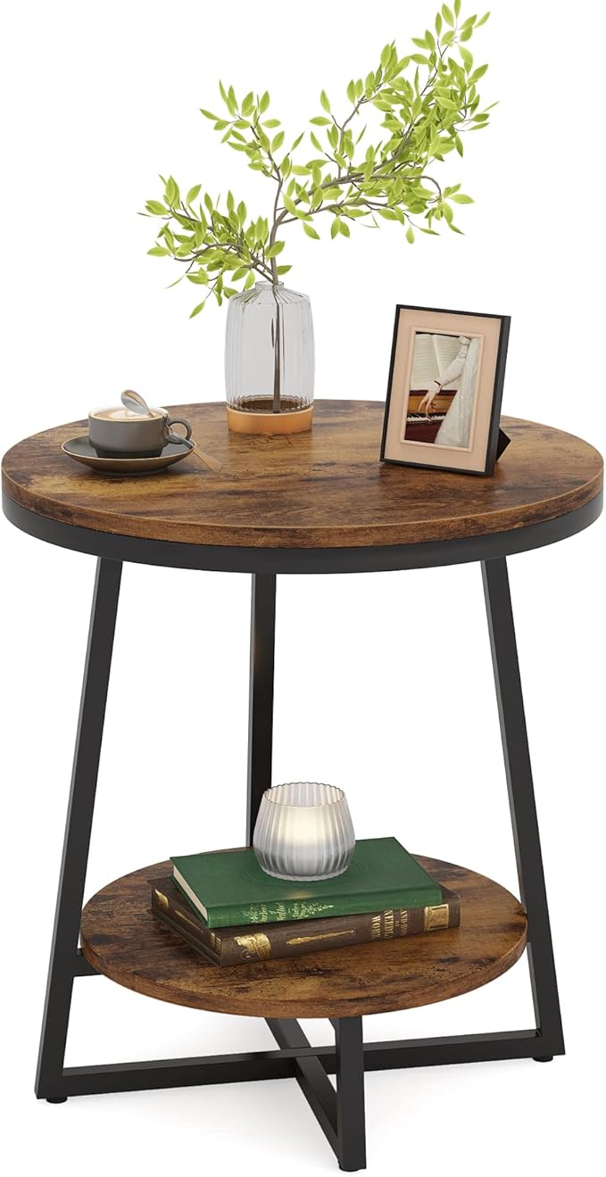 Tribesigns End Table, 2 Tier Round Side Table with Storage Shelf, Industrial Nightstand Bedside Table Coffee Accent Table for Living Room Bedroom Small Space, Rustic Brown