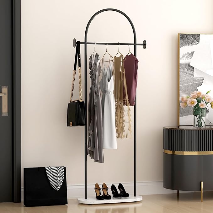 Black Clothing Racks, Modern Industrial Clothes Rack with Shelf, Heavy Duty Freestanding Coat Rack, Metal Coat Hanger Stand with Hooks for Boutique Office