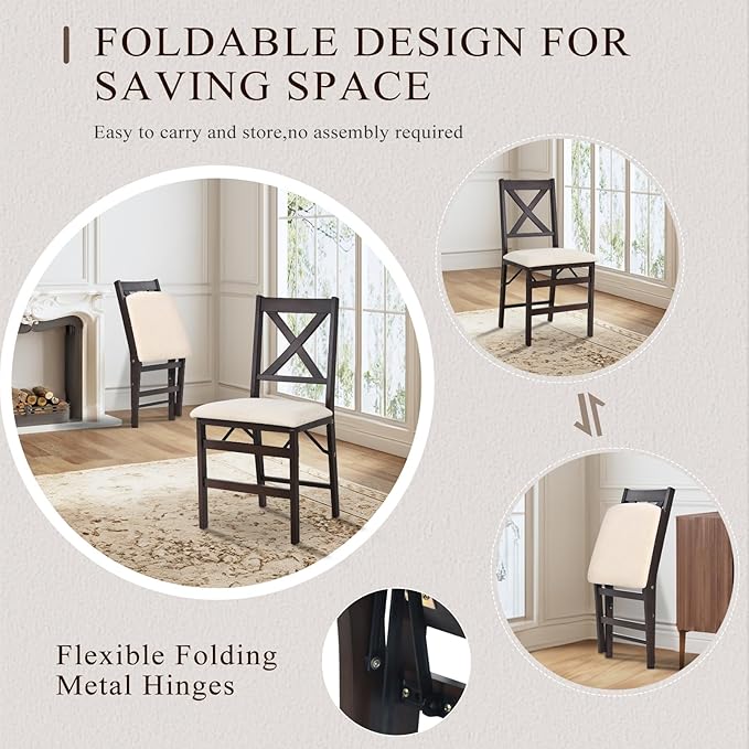 COLAMY Folding Dining Chairs Set of 2 – Beige Upholstered Wooden Dining Room Chairs for Kitchen & Small Spaces, Mid Century Modern Design, Space-Saving, No Assembly Required