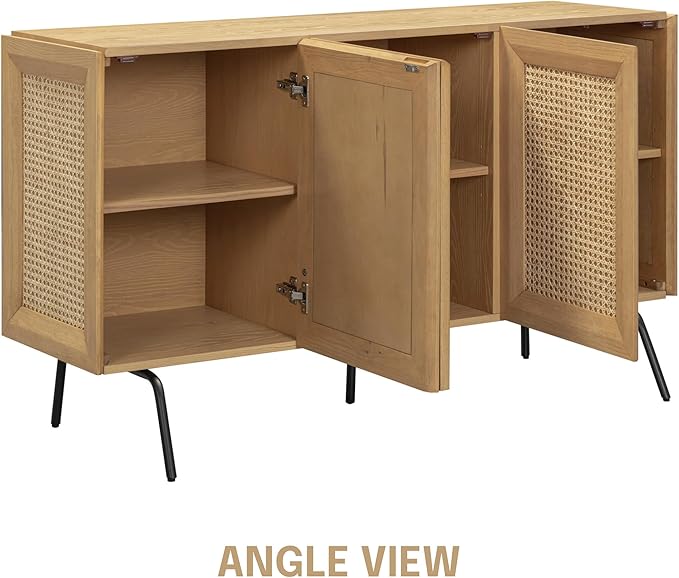 NTC MOSSIC Modern Sideboard with 3 Doors, Natural Rattan Storage Cabinet, Buffet with Metal Legs, Boho Accent Cabinet for Living Room, and Entryway, Effortless Assembly, Sand