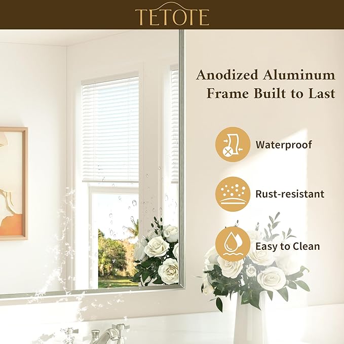 TETOTE Brushed Nickel Bathroom Mirror 48" x 30" Beveled Frame Rectangle Bathroom Vanity Wall Mirror for Over Sink, Tempered Glass, Stronger Frame, Modern Farmhouse Bedroom, Entryway, Living Room