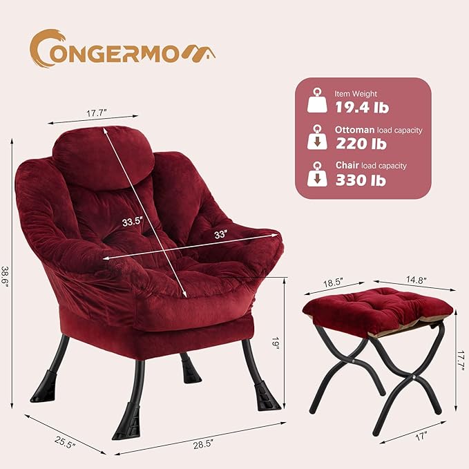 Lazy Chair with Folding Ottoman,Leisure Sofa Chair,Soft Fabric Armchair with Armrests and Side Pockets, Reading Chair with Footrest for Living Room, Bedroom, Office (Plush Red)